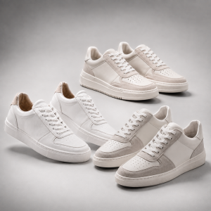 Three pairs white trainers on a grey background