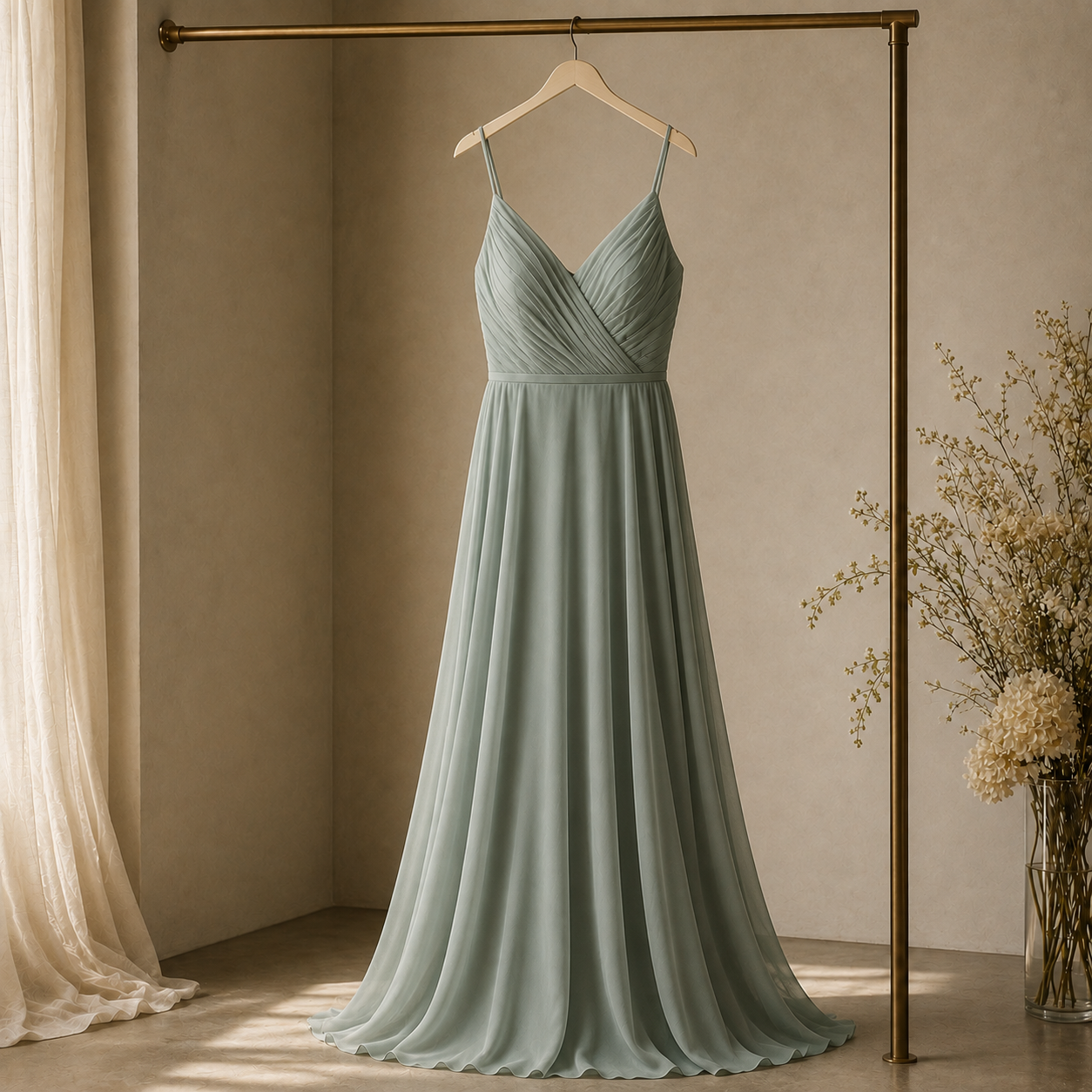 A teal coloured bridesmaids dress