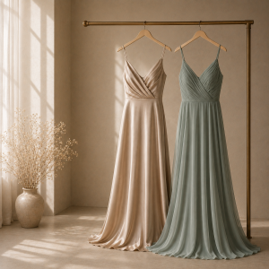 Two prom or evening dresses hanging