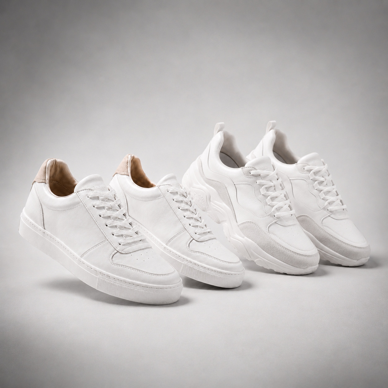 Two pairs of white trainers on a grey background