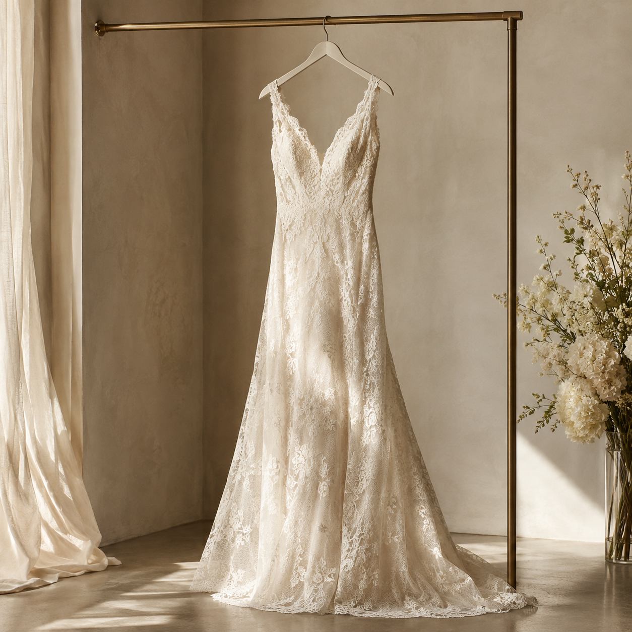 A white wedding dress on a hanger